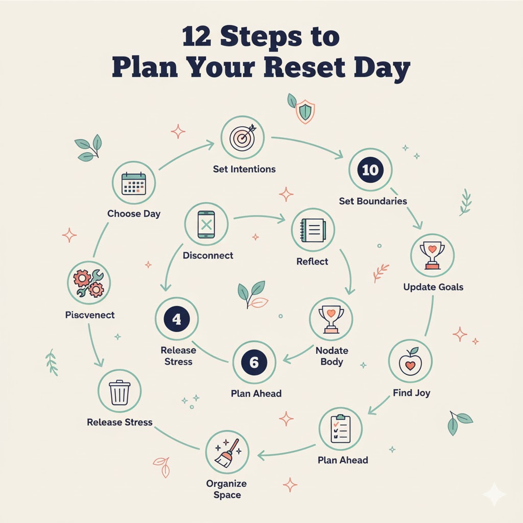 Infographic showing 12 simple steps to create personal reset routine for stressful days, with icons and clear numbered progression for Nigerian professionals