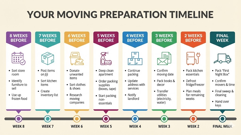 Visual timeline chart showing 8-week decluttering and moving schedule for Nigerian apartment relocation with weekly tasks