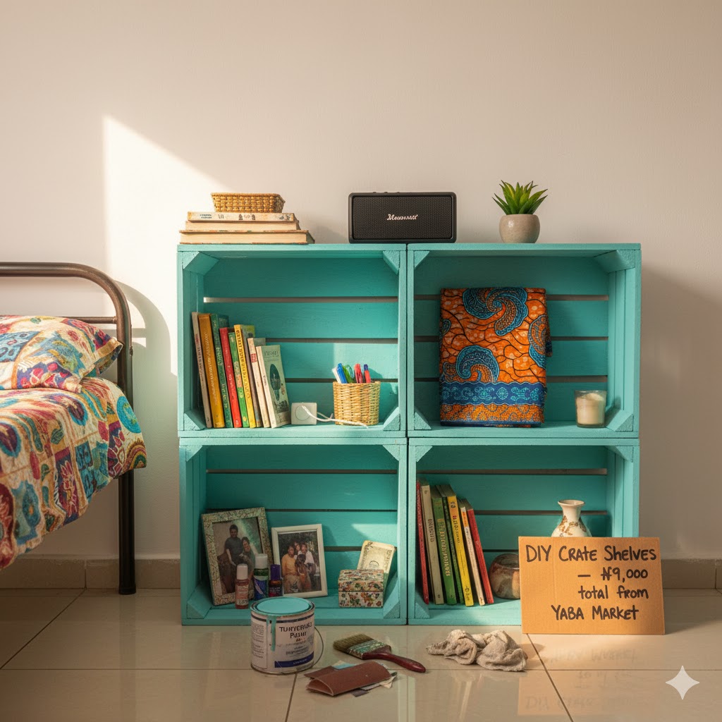 DIY apartment decoration Nigeria showing wooden crate storage shelves makeover project Lagos student budget-friendly weekend transformation tutorial