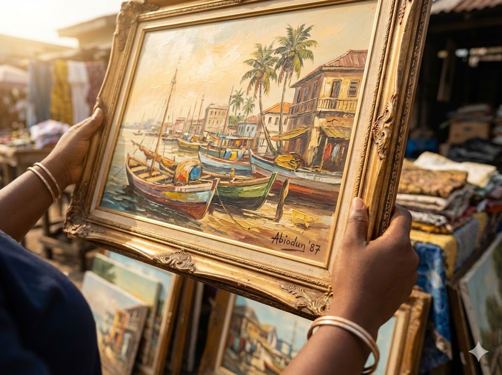  Close-up of valuable vintage Nigerian painting showing Lagos Marina scene with visible artist signature and rich oil paint texture from thrift store find