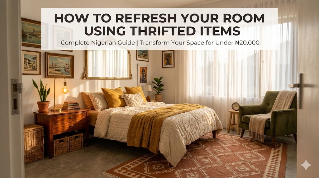 How to Refresh Your Room Using Thrifted Items -Beautiful Nigerian bedroom decorated with vintage thrifted furniture including brass mirror, velvet chair, and wooden side table with natural lighting