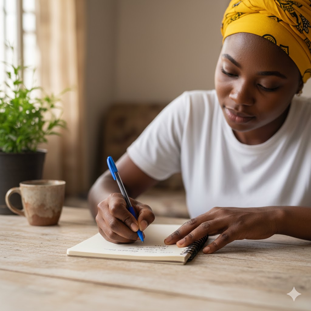 Nigerian woman writing in affordable notebook for journaling as free self-care practice at home in Lagos