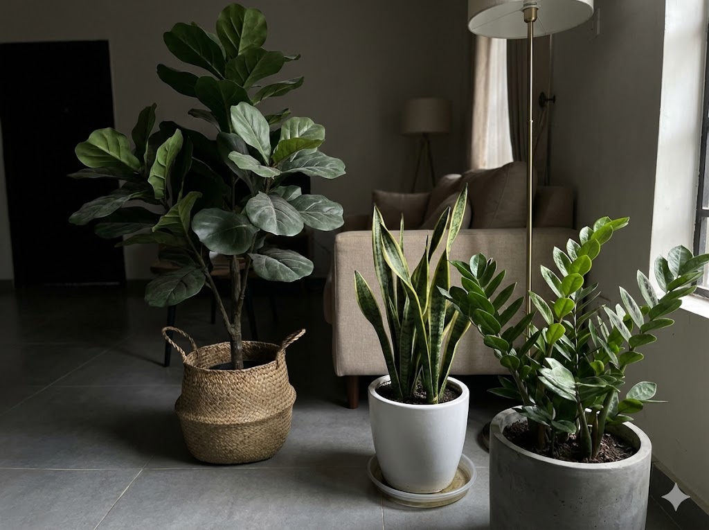 Houseplant styling showing realistic mix of two real plants (Snake Plant and ZZ Plant) with one high-quality faux Fiddle Leaf Fig demonstrating 2:1 ratio technique for authentic-looking display