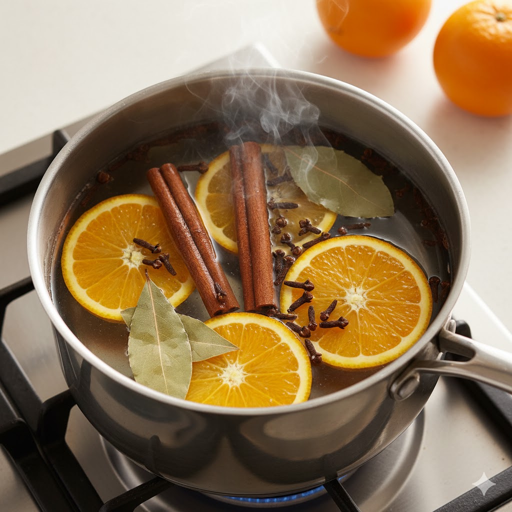Close-up of stovetop simmer pot with cinnamon sticks, orange slices, cloves, and bay leaves steaming in clear water on Nigerian kitchen stove