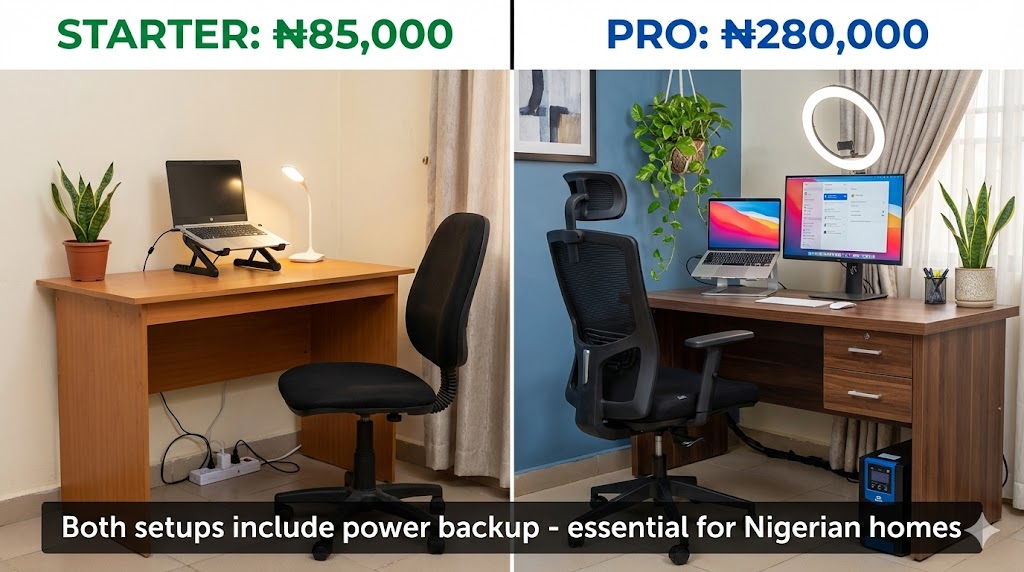 Split-screen comparison showing ₦85,000 starter bedroom office setup versus ₦280,000 professional setup with labeled furniture and equipment in Nigerian apartment