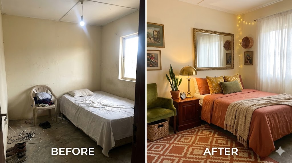 Split-screen comparison showing cluttered plain room transformed into stylish organized space using thrifted Nigerian market finds