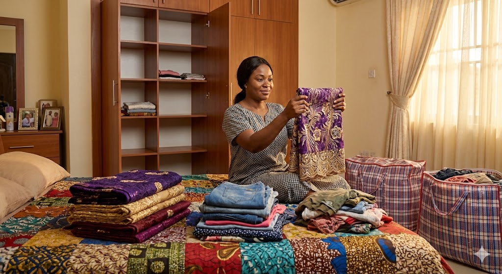 Nigerian woman sorting expensive Aso-ebi fabrics and traditional clothing on bed during decluttering process before moving