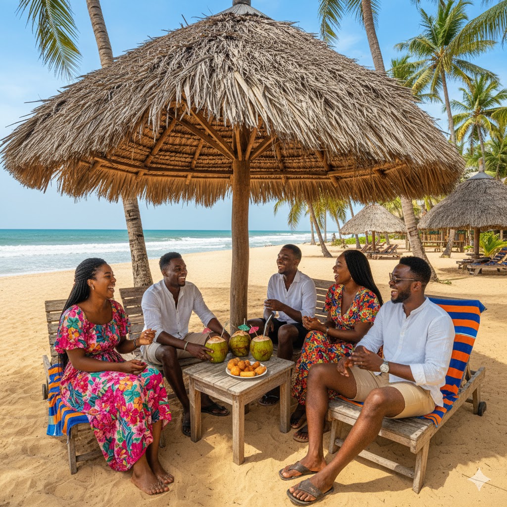 Group of young Nigerian friends enjoying a beach day at La Campagne Tropicana with palm trees, clear blue waters, and tropical resort setting, demonstrating affordable weekend stress relief activities.