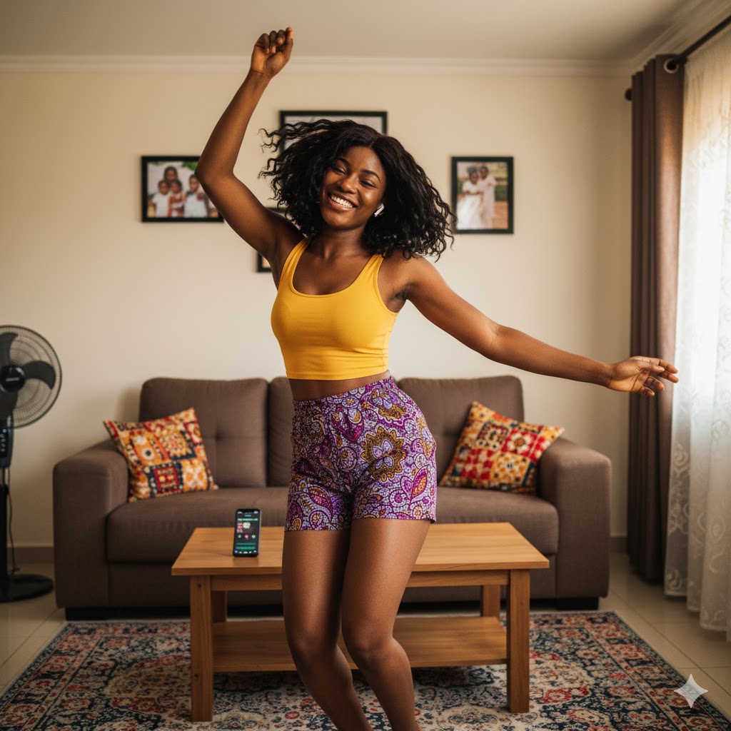 Energetic Nigerian woman dancing joyfully to Afrobeats music in her living room as a quick 5-minute stress relief activity at home