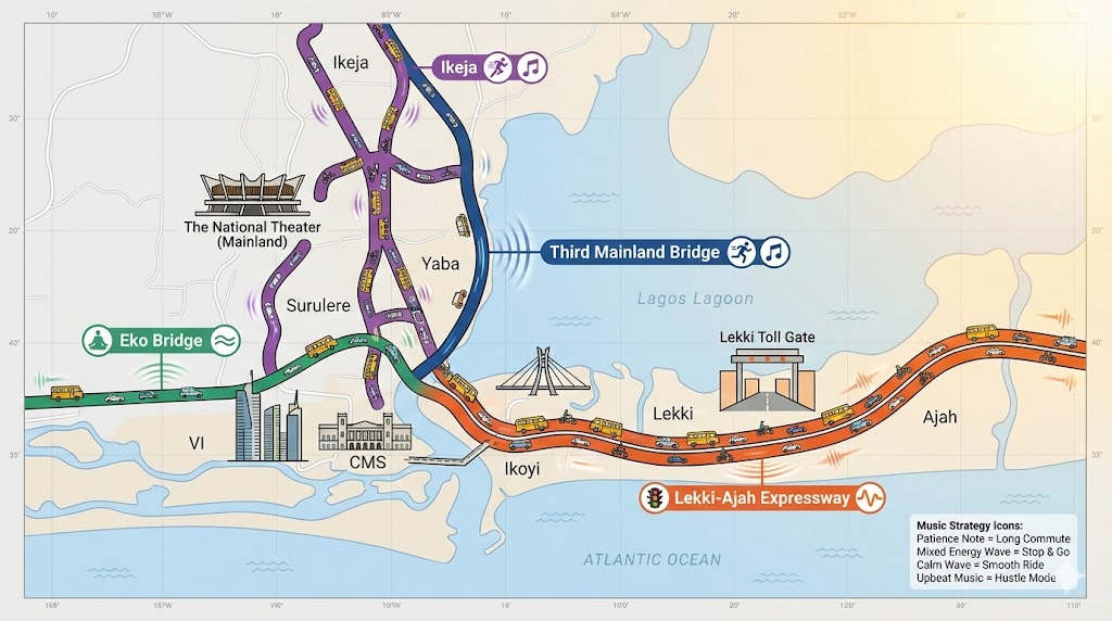 Interactive map showing Lagos major commute routes including Third Mainland Bridge, Lekki-Ajah Expressway, and Apongbon with playlist strategy icons