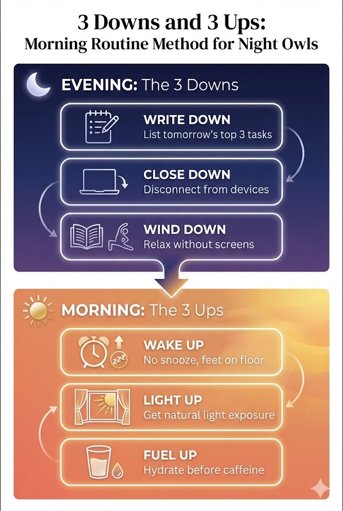 Visual diagram showing the 3 Downs evening routine steps (Write Down, Close Down, Wind Down) and 3 Ups morning routine steps (Wake Up, Light Up, Fuel Up) for night owls