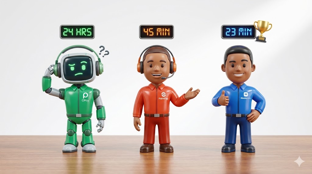 Three 3D figurines representing OPay, PalmPay, and Moniepoint customer service agents with stopwatches showing different response times