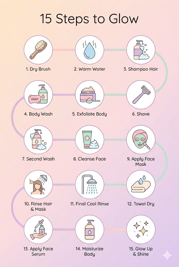 Illustrated infographic showing 15 steps of an everything shower routine from dry brushing to final moisturizing, displayed in a clean vertical flow