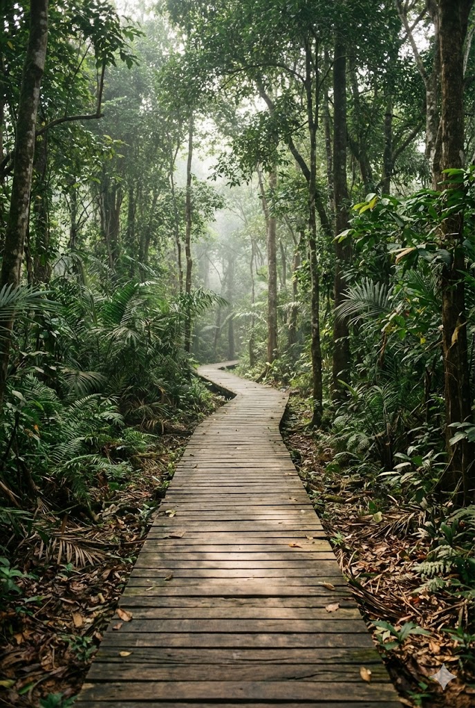 Wooden boardwalk pathway through LUFASI Nature Park Lagos surrounded by dense green fern garden and tall forest trees with filtered sunlight creating peaceful atmosphere