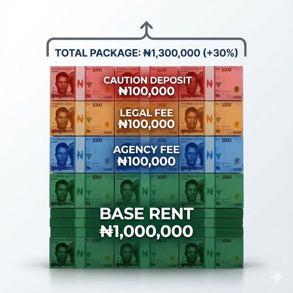 Infographic showing stacked Nigerian Naira representing different rental fees including base rent, agency fee, legal fee, and caution deposit