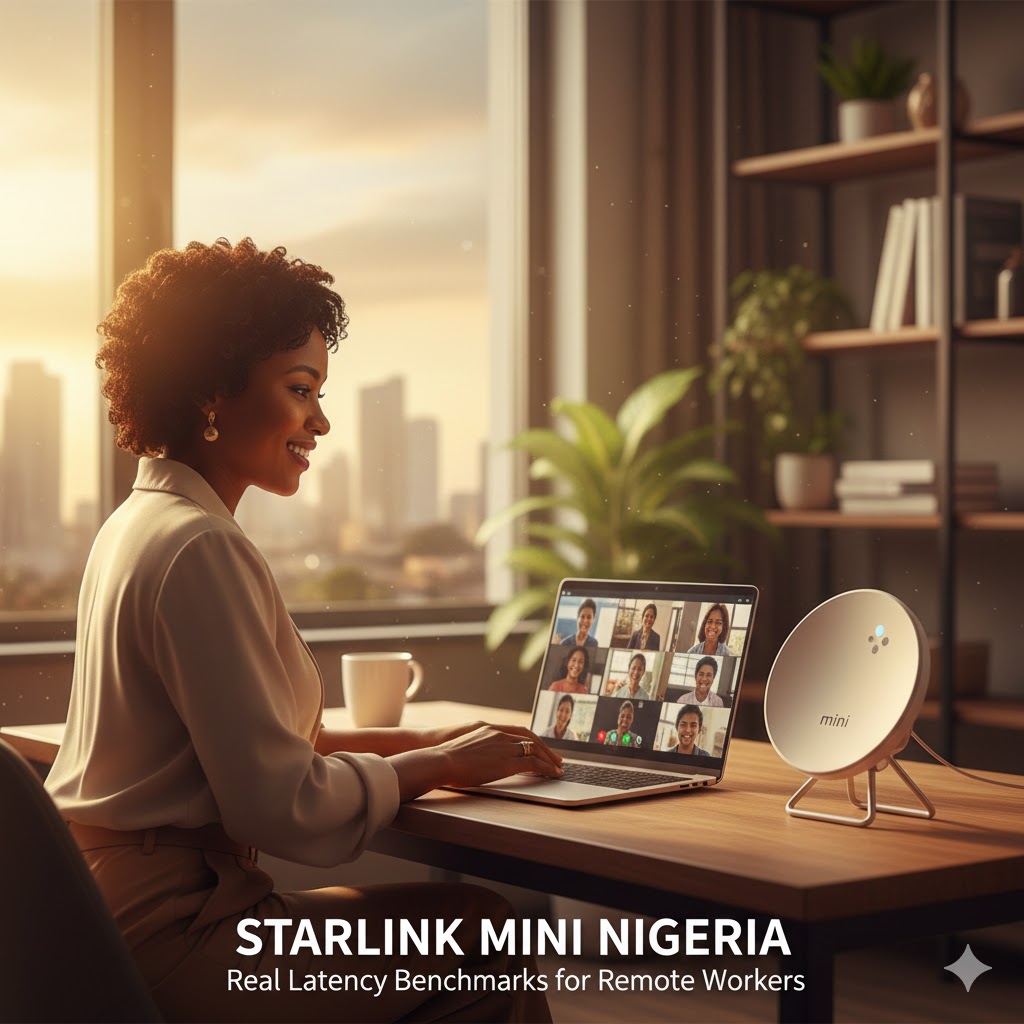 Nigerian remote worker using Starlink Mini satellite internet for video conferencing in a home office with Lagos skyline visible through window