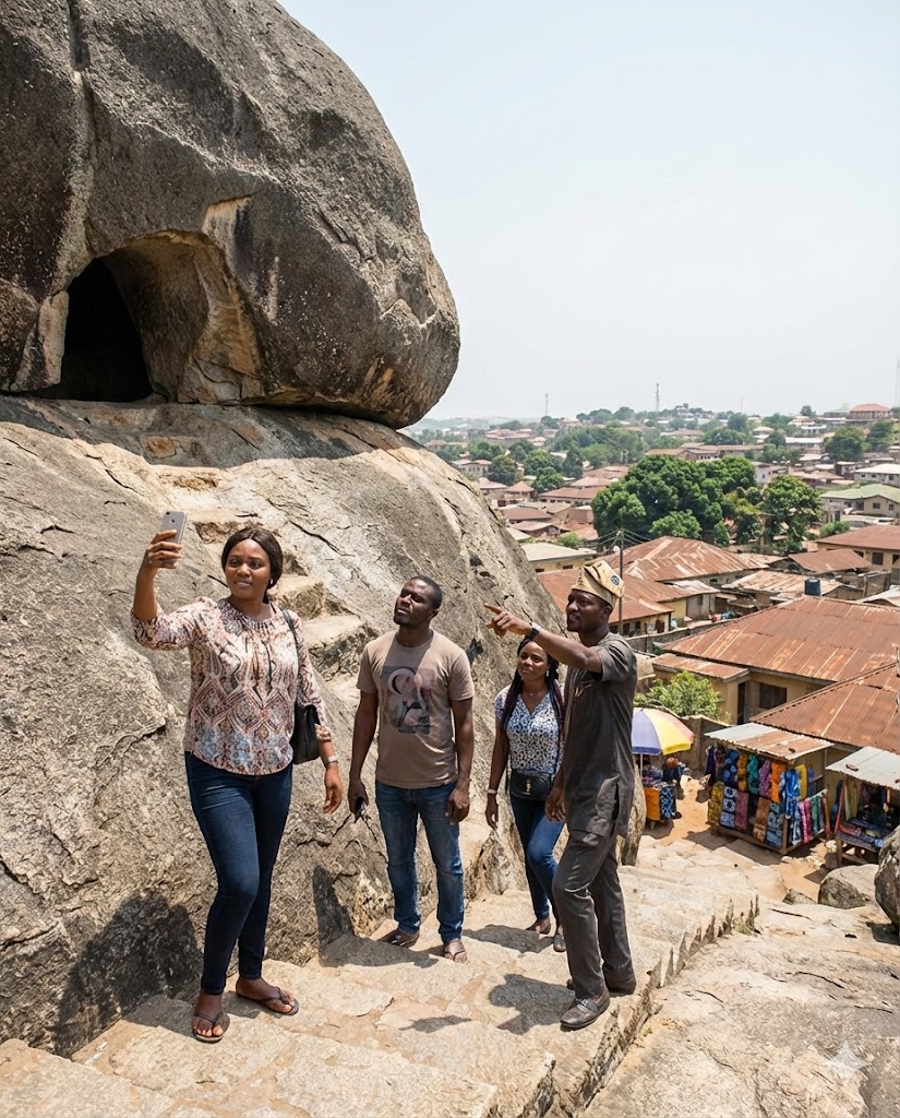 Nigerian tourists climbing the ancient stone steps of Olumo Rock in Abeokuta Ogun State with panoramic city views and traditional cave dwellings visible