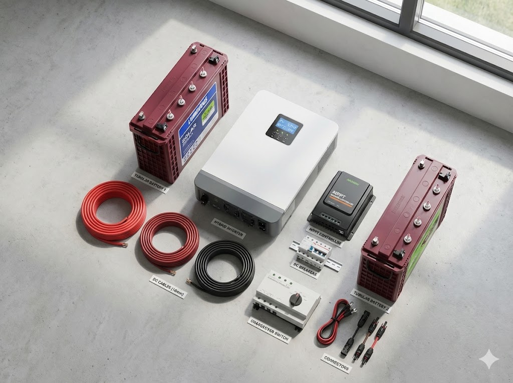 Flat lay photograph showing solar inverter components including hybrid inverter, tubular batteries, solar panels, cables and accessories on concrete floor