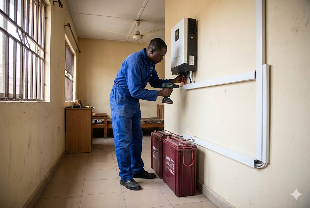 Nigerian technician installing hybrid solar inverter on apartment wall with neat white cable trunking and battery bank below