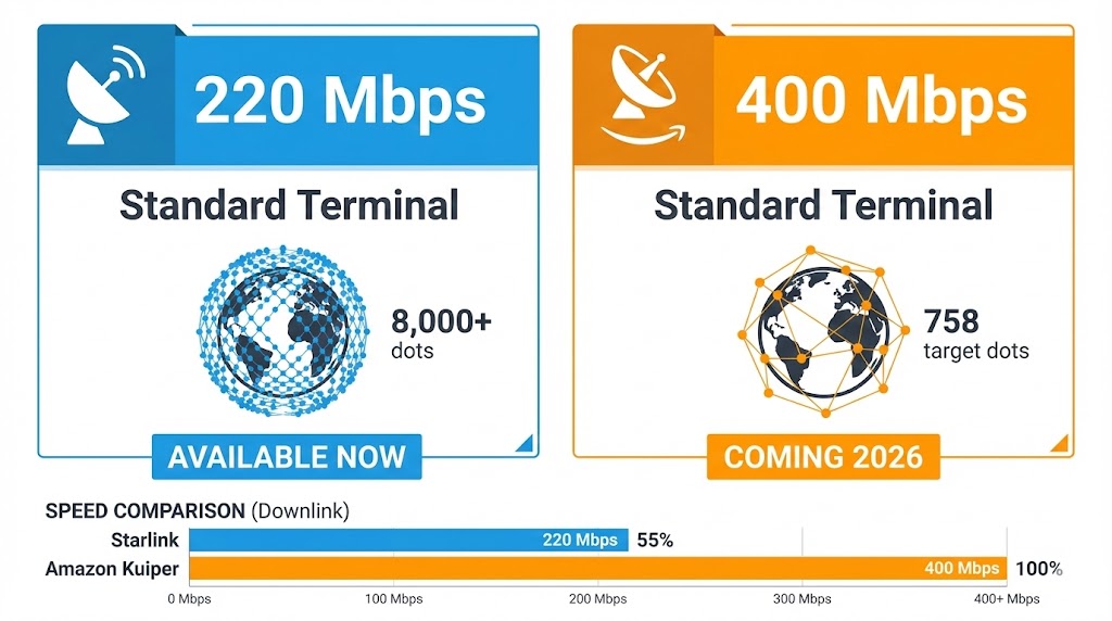 Infographic comparing Starlink 220Mbps versus Amazon Kuiper 400Mbps download speeds with satellite icons